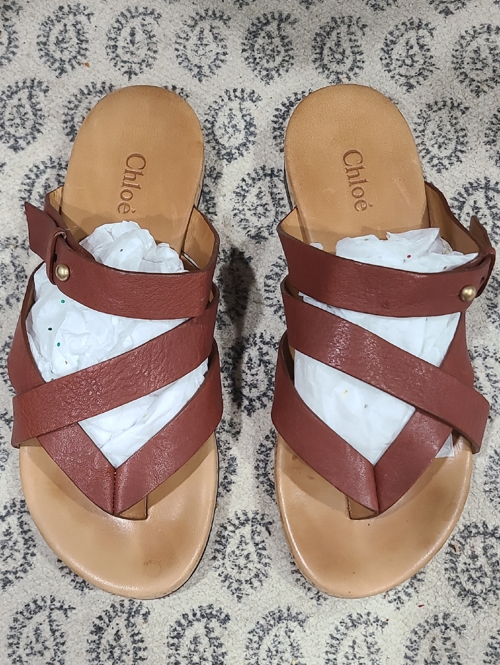 Chloe Brown Leather Crisscross Slide Sandals Size 6.5 US